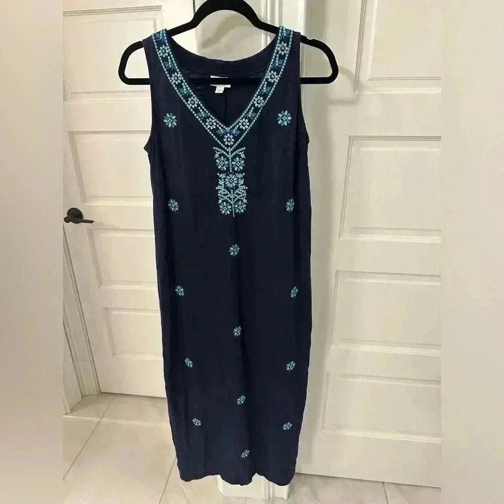 J. Jill Embroidered Sleeveless Tank Midi Dress Women’s XS Navy Blue Floral EUC!!
